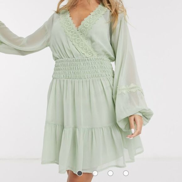 ASOS DESIGN lace insert shirred waist mini skater dress in sage green NWT - Picture 1 of 6